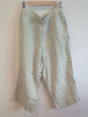Coastal Lagenlook Boho Classic Light Sage Green Linen Wide-Leg Pants Size L